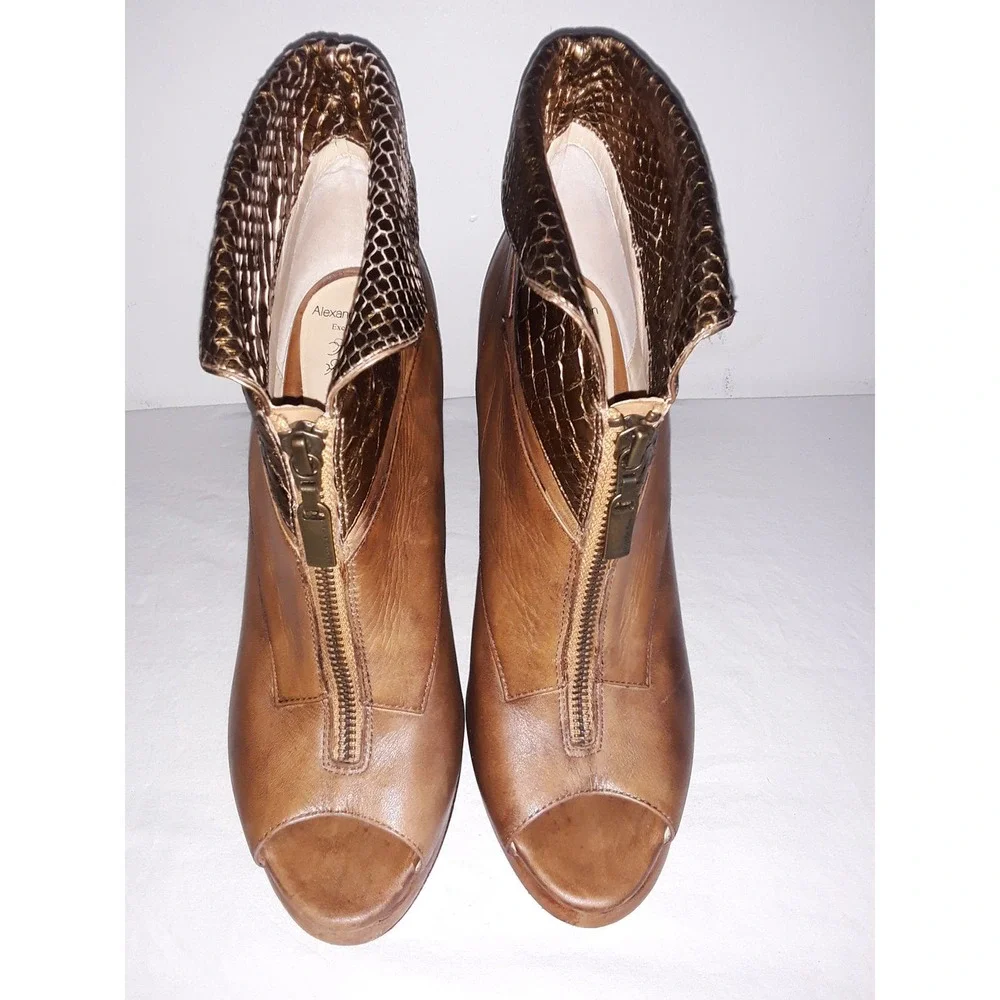 Alexandre Birman Sz 6  Leather Open-Toe Booties w Bronze Snakeskin Rim